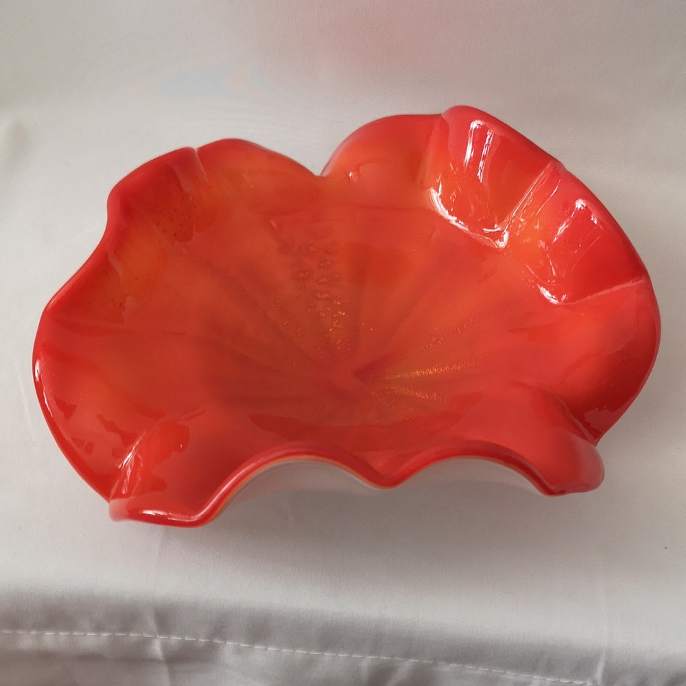 Beautiful (likely) Murano Glass Art Bowl Lovely White Cased Orange Red Colour